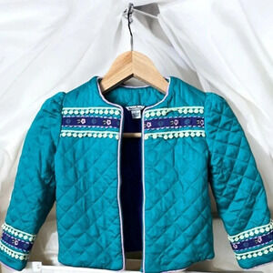 Heartstrings Girls' Quilted Jacket Size 4 Blue with Floral Accents Broken Zipper